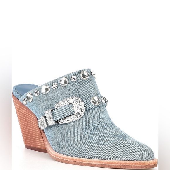 Embellished Denim Wedge Mules size 6.5 - Picture 1 of 15